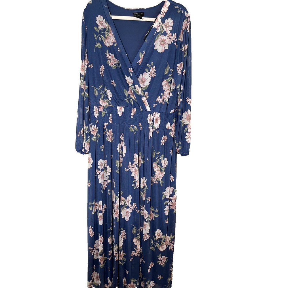 Colorful Floral Maxi Dress Blue 20W Cottage Feminine Romantic Preppy Classic 90s